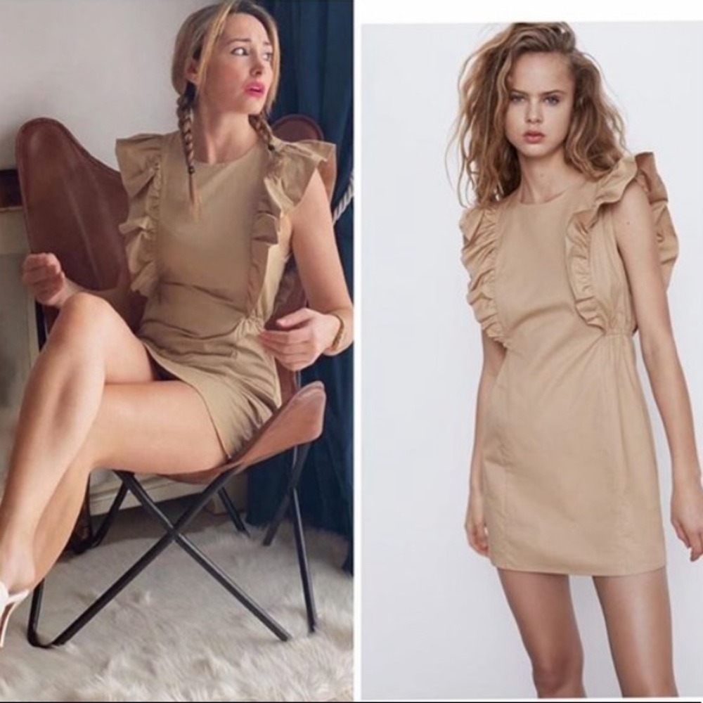 ZARA Camel Ruffled Mini Dress Size Medium